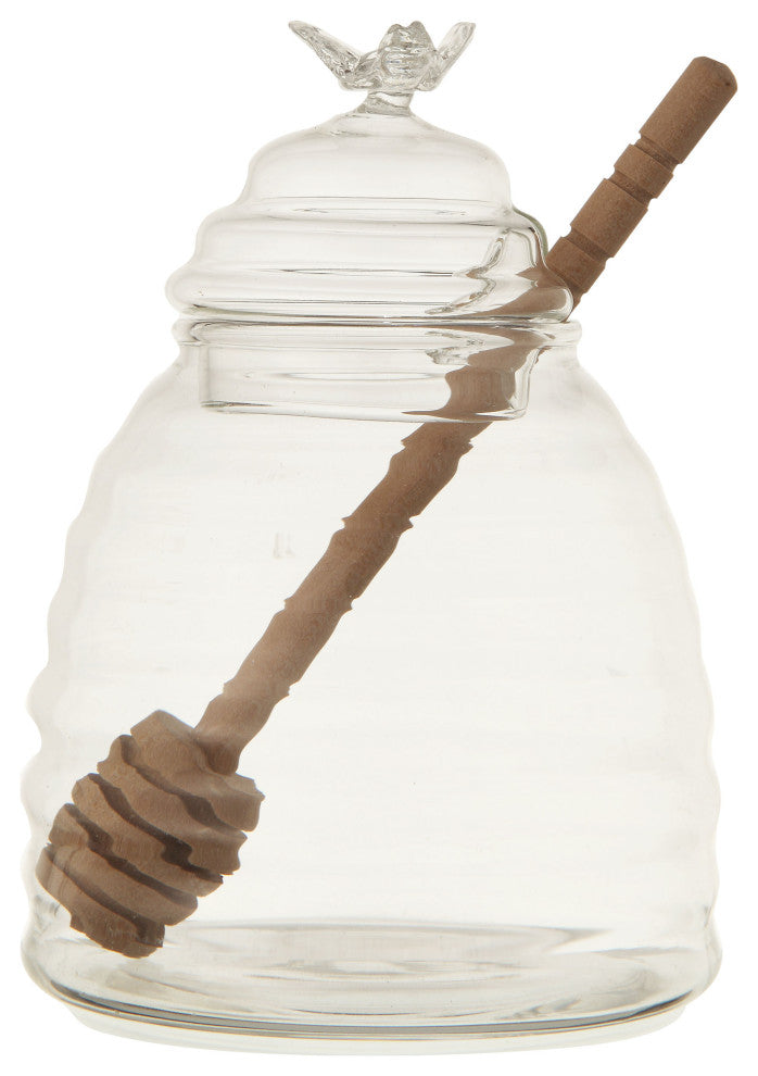 Clear Honey Pot with Lid & Bamboo Dipper (Set of 2 Pieces)