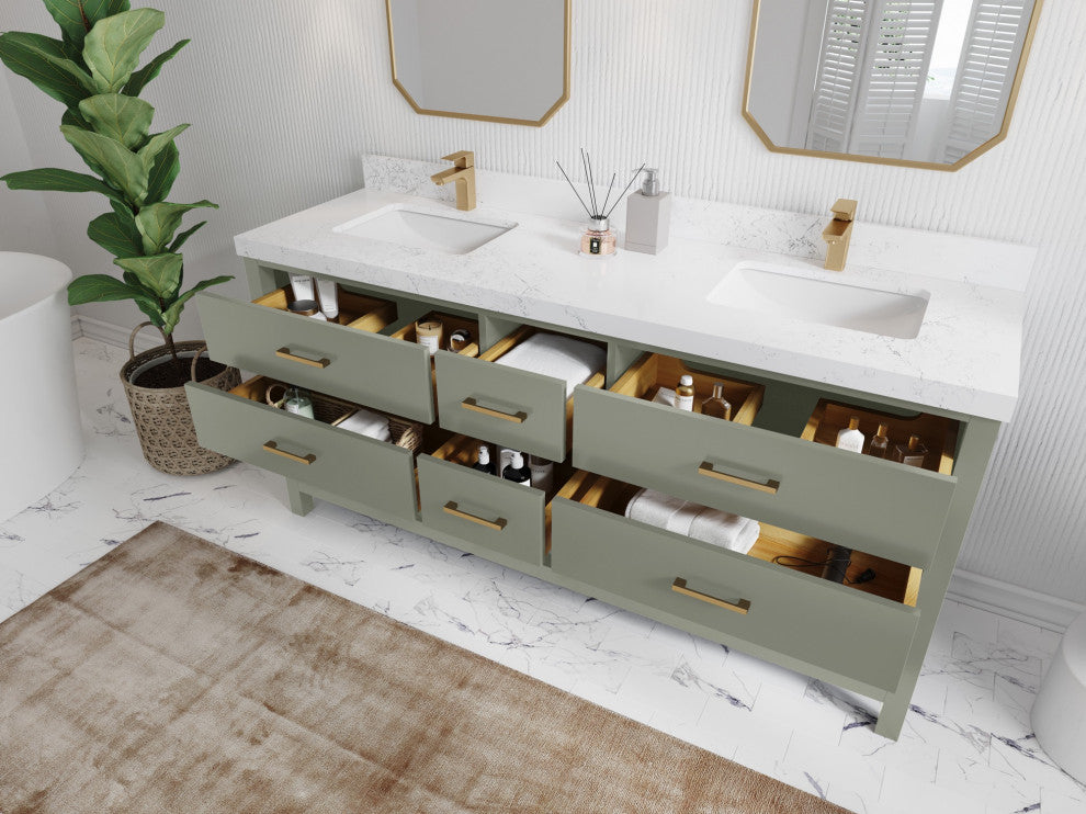 Parker 72" Double Sink Bath Vanity, Evergreen 2" Calacatta Gold