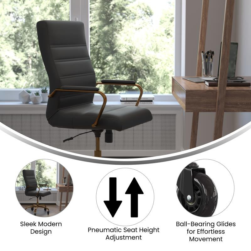 Whitney High Back Executive Swivel Office Chair with Black Frame & Arms, Black Leathersoft/Gold Frame