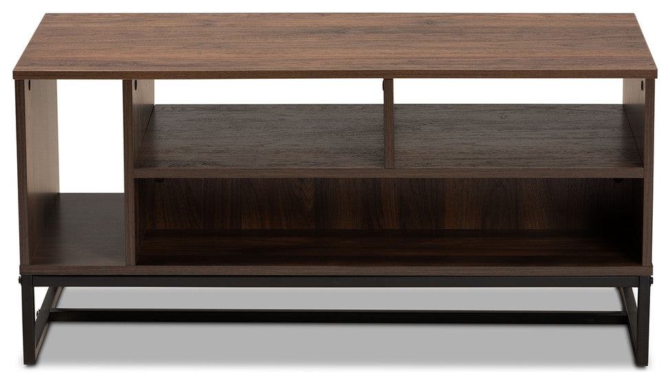 Modern and Temporary Walnut Finished Wood and Metal Coffee Table