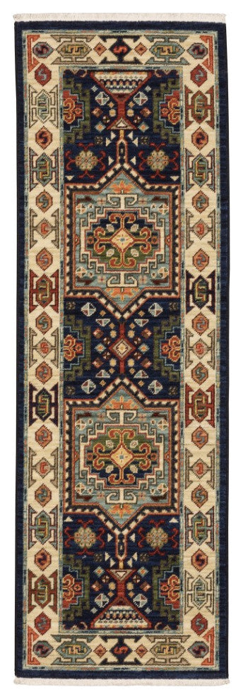 12' Blue Ivory Machine Woven Medallion Indoor Runner Rug