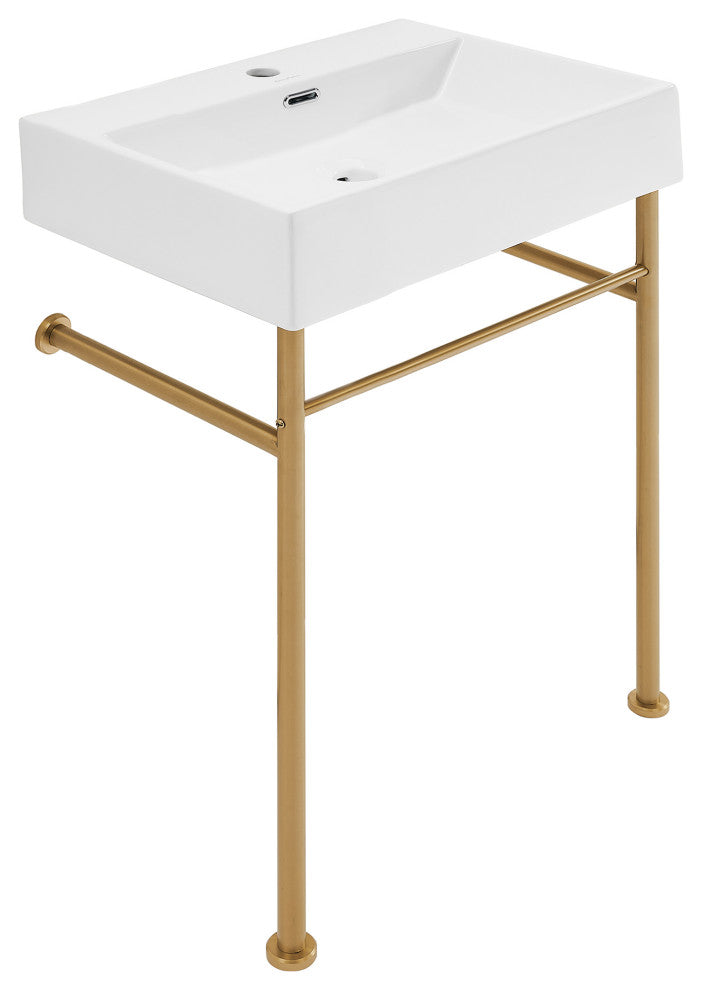Claire 24" Ceramic Console Sink White Basin Gold Legs, Brushed Gold