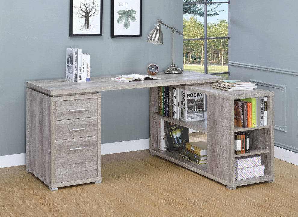 L-Shape Office Desk With 3 Drawers, Gray Driftwood