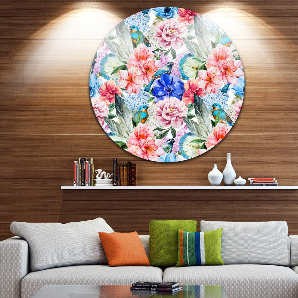 Colorful Flowers And Birds Watercolor, Flower Disc Metal Artwork, 11"