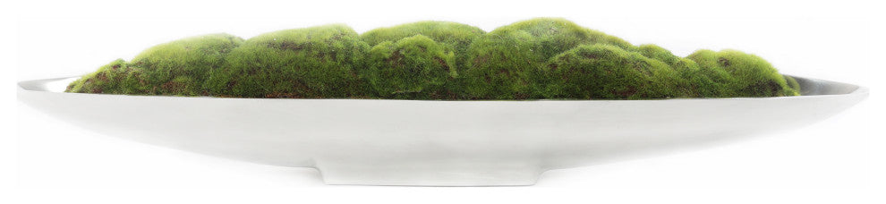 Faux Green Grass Moss Arrangement, Small Metal Boat Tray