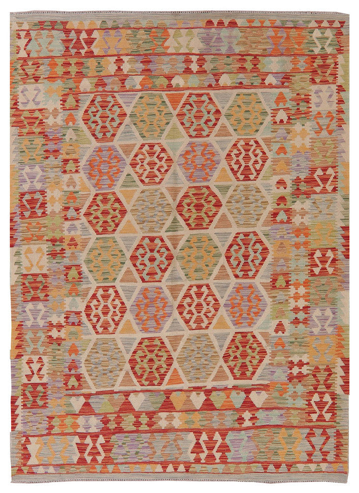 Turkish Flat-Woven Oriental Kilim Pure Wool Traditional Area Rug, 7'10"X5'9"