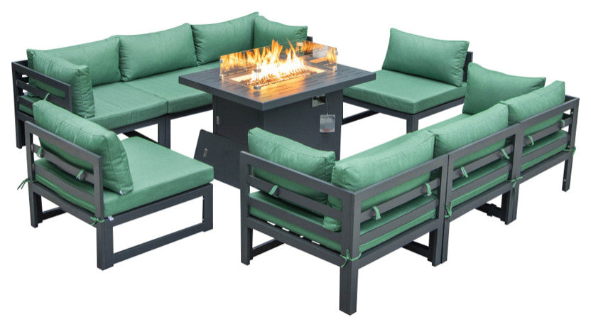 LeisureMod Chelsea 9-Piece Patio Sectional With Fire Pit Table, Green