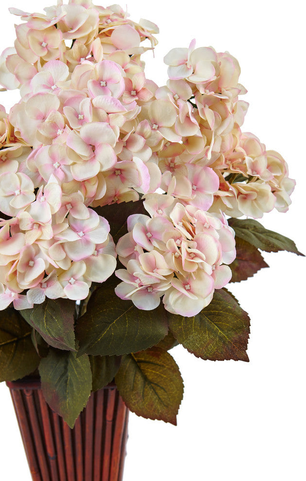 Hydrangea Silk Arrangement, Bamboo Planter, Cream Pink