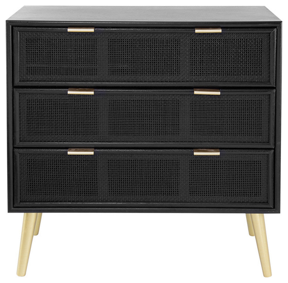 Benzara BM285092 Dresser Chest Cabinet, 3 Drawers, Woven Rattan, Modern, Gold