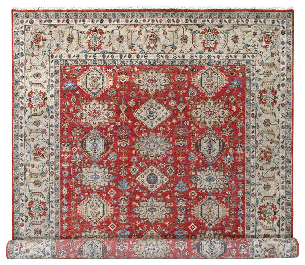 Auburn Red Hand Knotted Pure Wool Karajeh Design Oriental Rug, 9'3"x11'11"