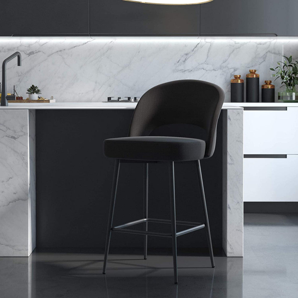 Upholstered Counter Velvet Bar Stool , Black