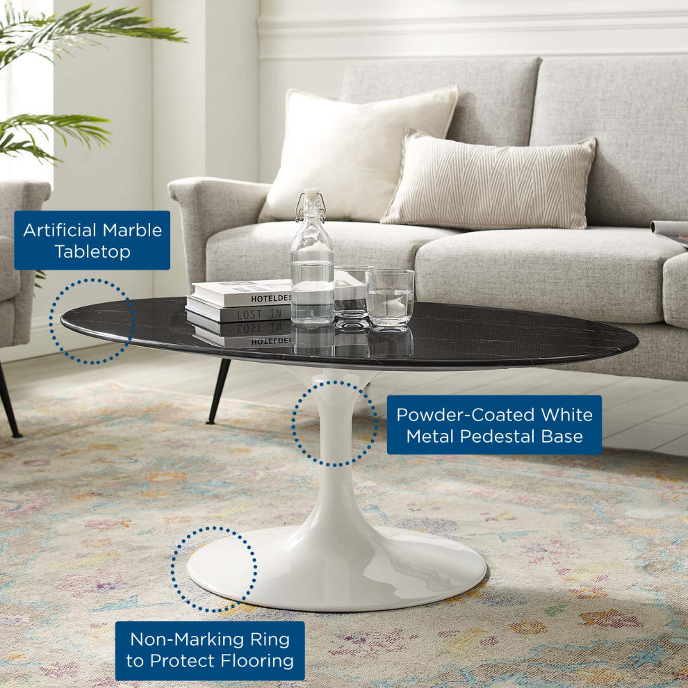 Lippa 42" Oval Artificial Marble Coffee Table White Black