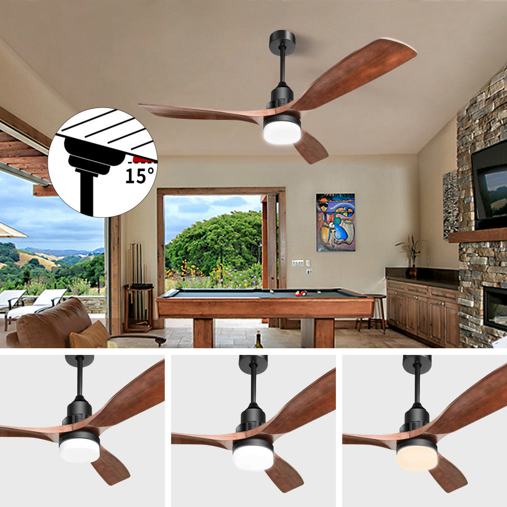 52" Solid Wood Ceiling Fan and Remote Control Reversible Blades, Matte Blck
