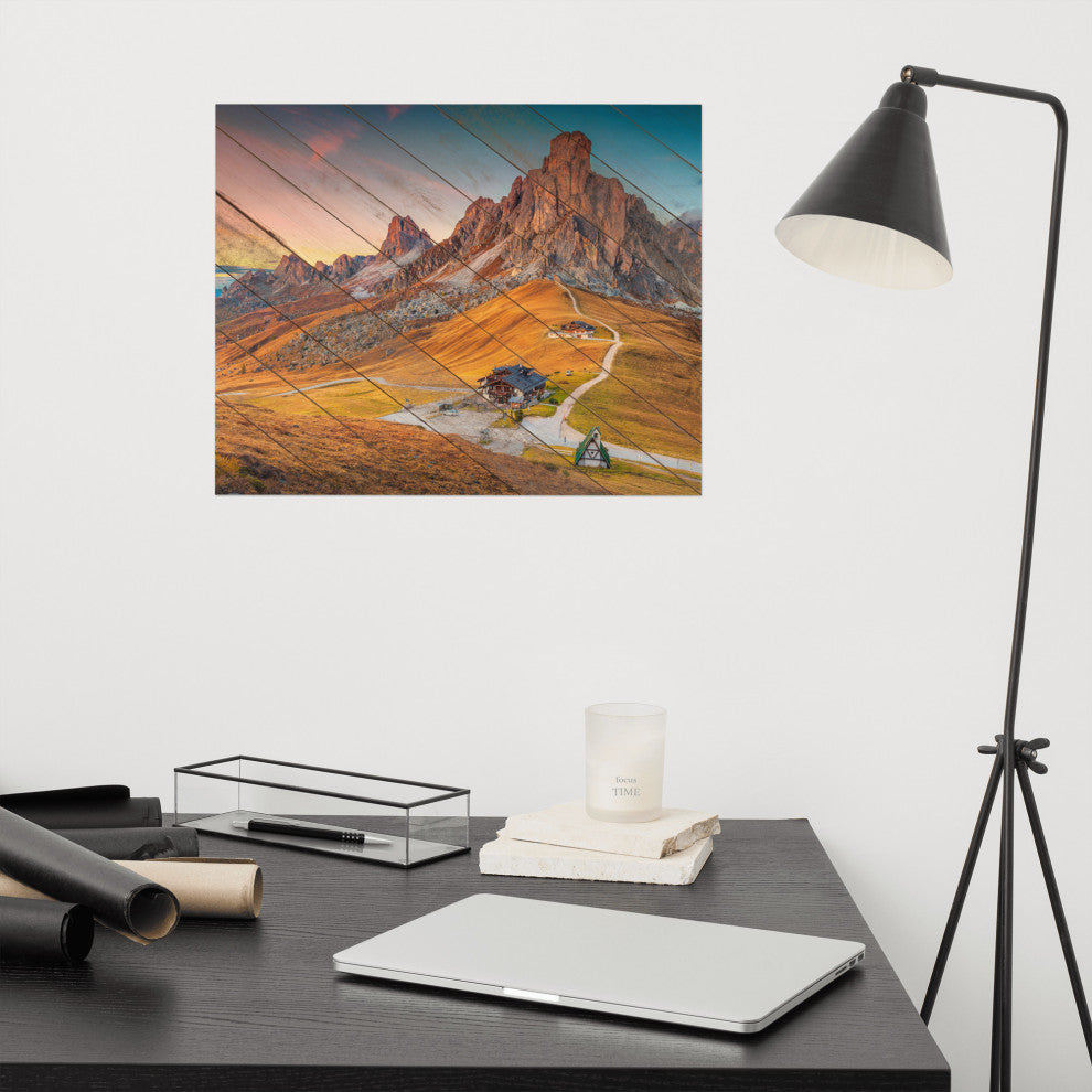 Faux Wood Majestic Sunset & Alpine Mountain Landscape Photo Wall Art Print, 16" X 20"