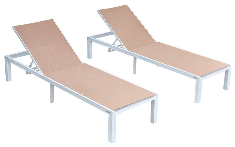 LeisureMod Marlin Patio Chaise Lounge Chair White Frame Set of 2, Light Brown