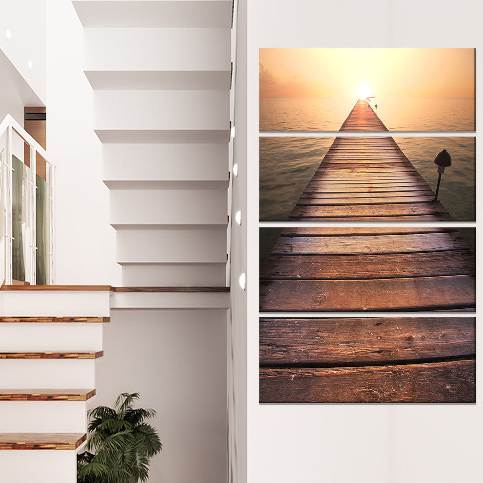 Long Wooden Boardwalk into Sea, Seashore Canvas Art Print, 28"x48", 4 Panels