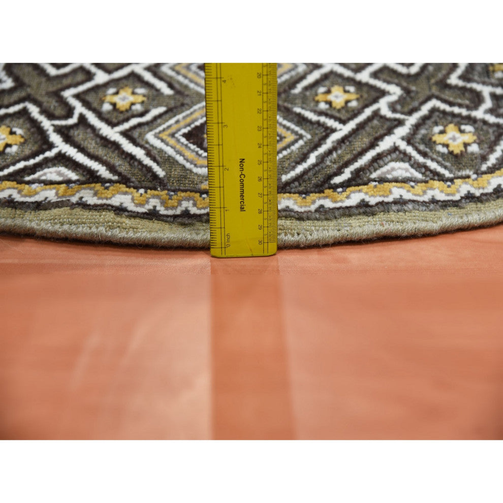 Taupe/Brown Wool Silk Mughal Inspired Hand/Knotted Round Rug, 6'1"x6'1"