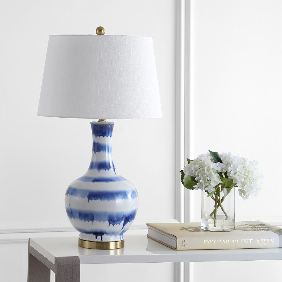 Tucker 30.5" Striped Ceramic and Metal LED Table Lamp, Blue, White
