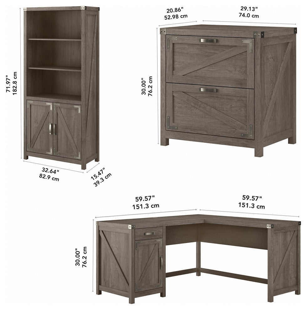 kathy ireland Cottage Grove 60 L Shaped Desk, Cabinet & Bookcase, Restored Gray