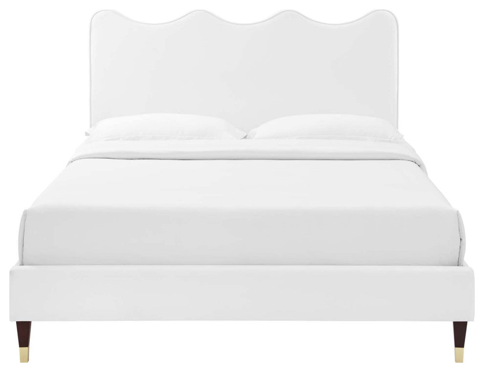 Platform Bed Frame, Queen Size, White, Velvet, Modern, Bedroom Guest Suite