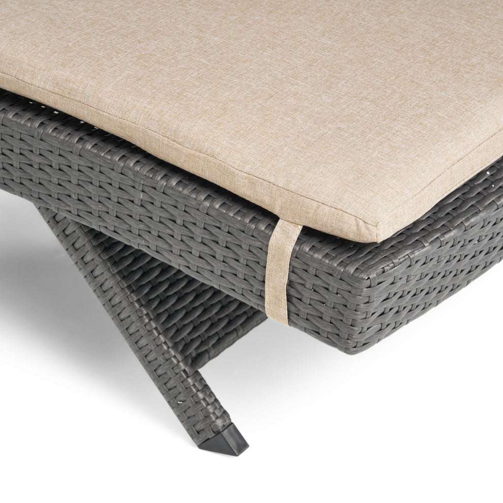 GDF Studio Nassau Outdoor Gray Wicker Chaise Lounge, Textured Beige Cushion
