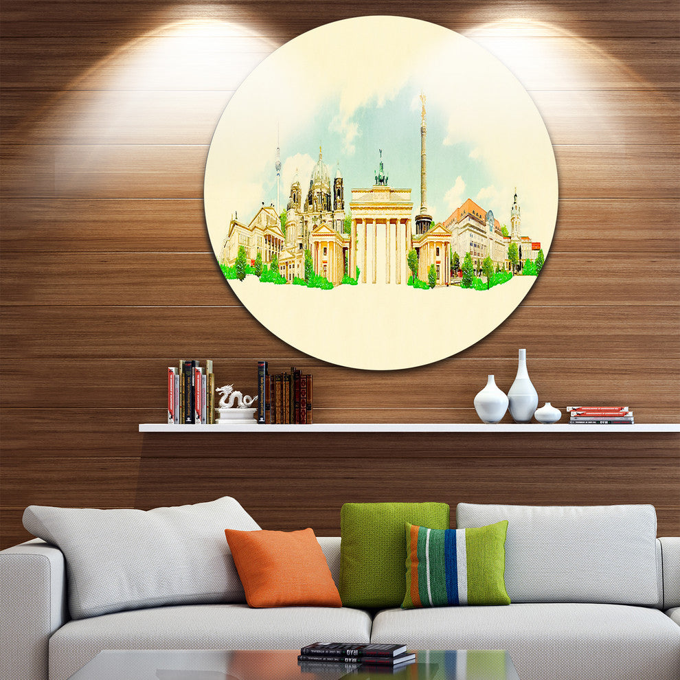 Berlin Panoramic View, Cityscape Watercolor Round Metal Wall Art, 36"