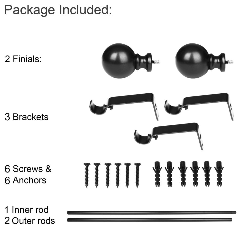 Utopia Alley Curtain Rod With Round Finials, Adjustable Length 86-120", Black