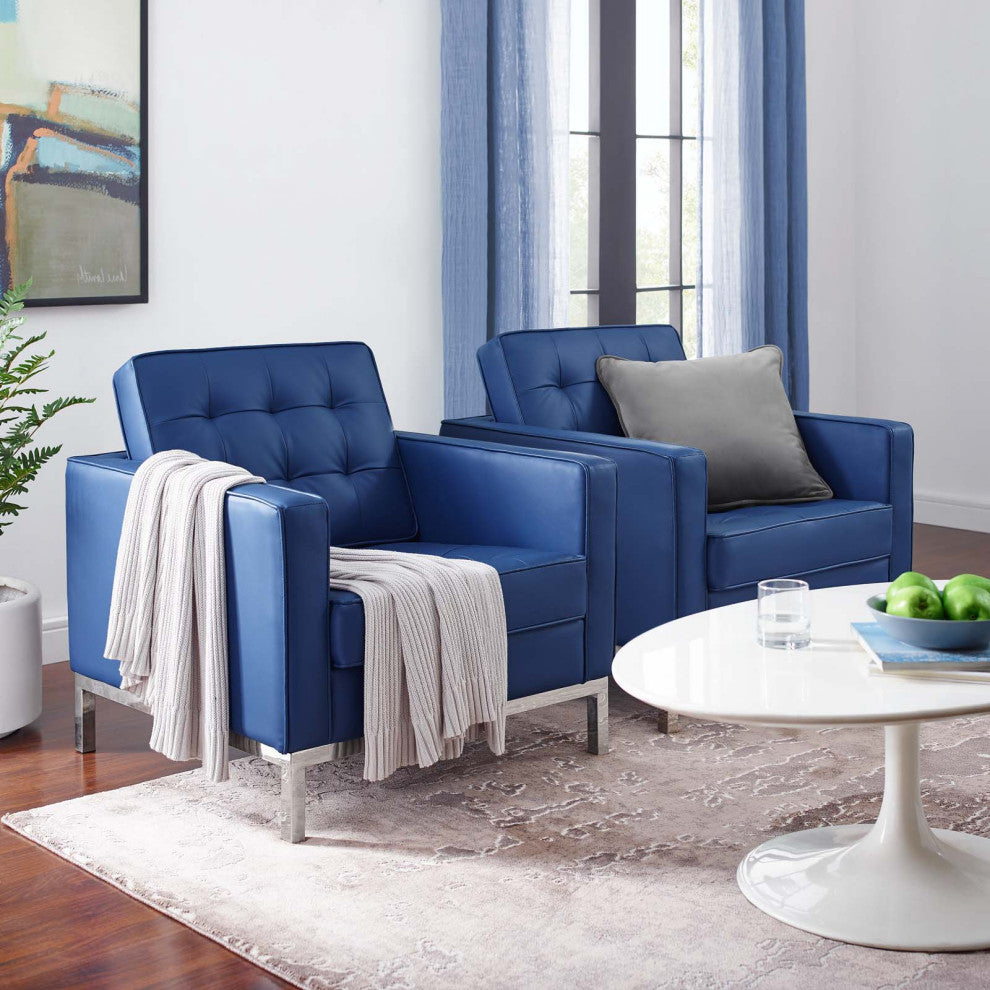 Tufted Armchair Accent Chair, Set of 2, Faux Leather, Silver Blue Navy, Modern