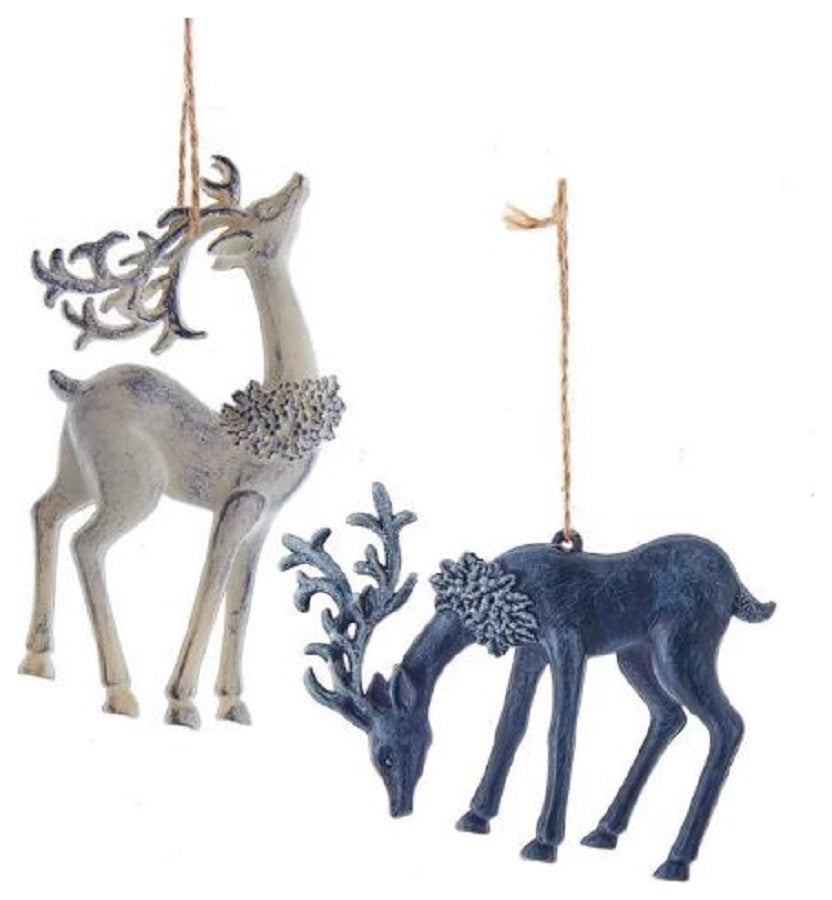 Blue and White Reindeer Christmas Holiday Ornaments Set of 2