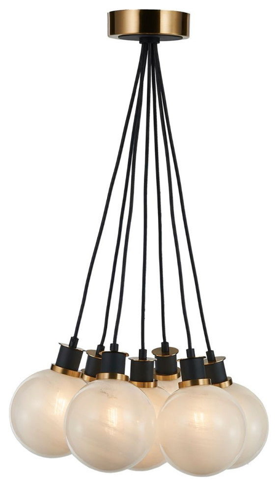 Gem - 7-Light Chandelier - Black - Brushed Brass - Blizzard Glass
