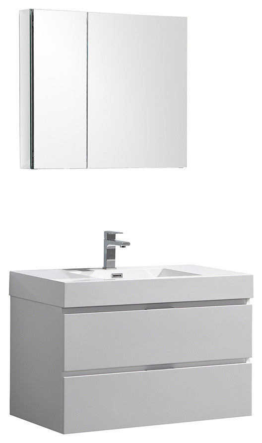 Valencia 36" Glossy White Wall Hung Vanity Set, Cabinet, Faucet, FFT9151BN