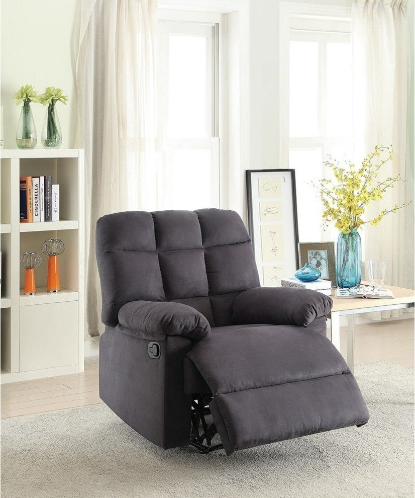 Benzara Recliner With Tufted Back and Roll Arms, Gray