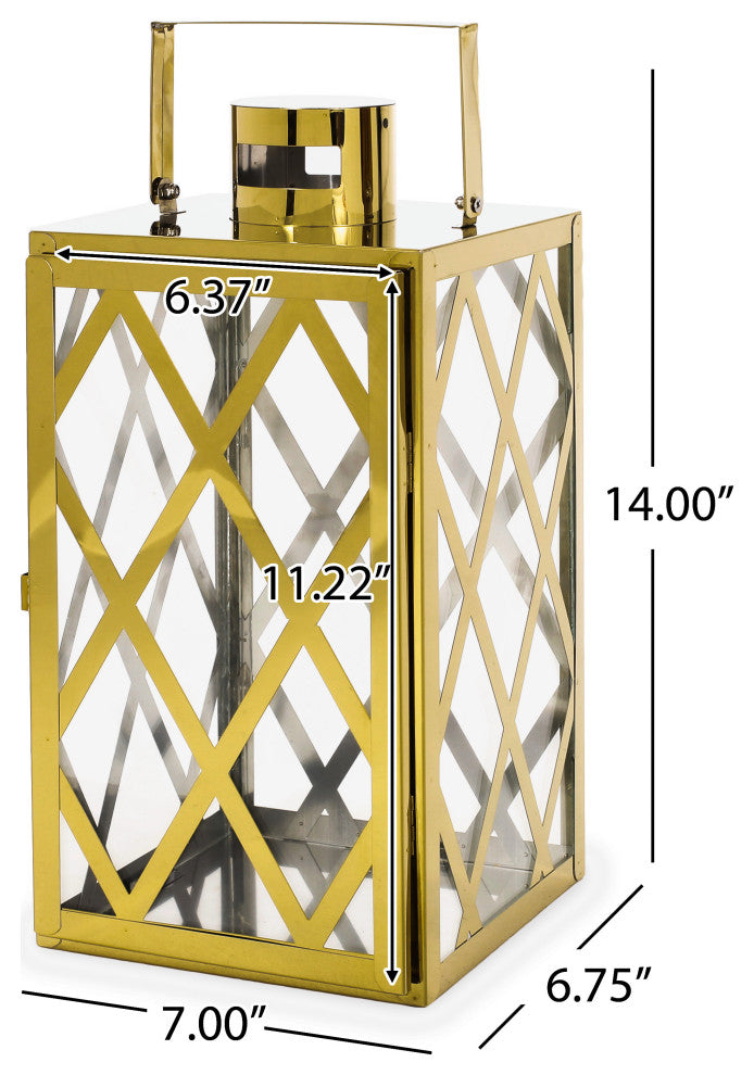 Cecil Outdoor 14" Modern Stainless Steel Lantern, Gold