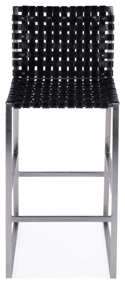 Urban Woven Genuine Leather Rectangular  28" Barstool, Black