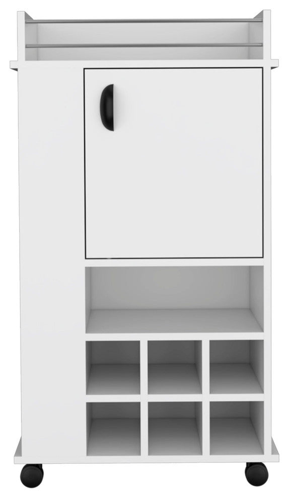 Farson Bar Cart with 6 Built-in Wine Racks, Cabinet, and Caster Wheels, White