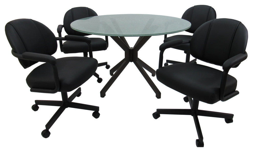 Glass Dinette Set M-70 Swivel Caster Chairs, Black Vinyl - Black