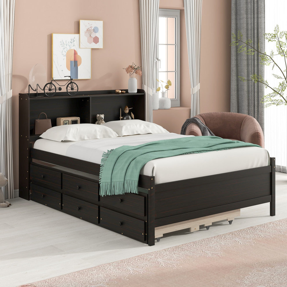 Full/Twin Wood Frame Platform Bed with Trundle and Drawers, Espresso, Full