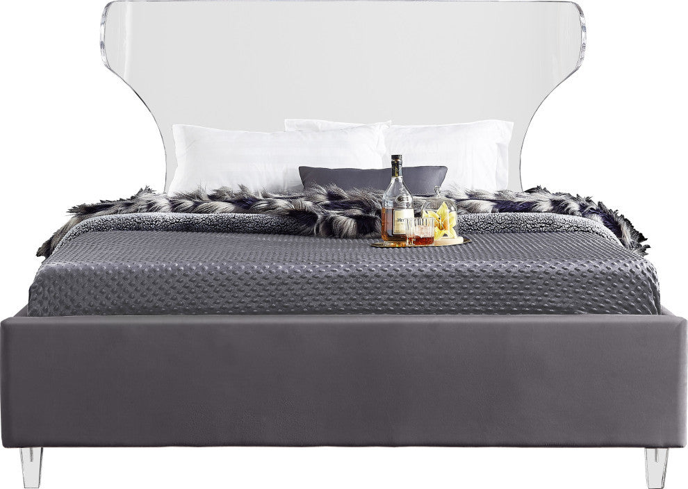 Ghost Velvet Upholstered Bed, Gray, King