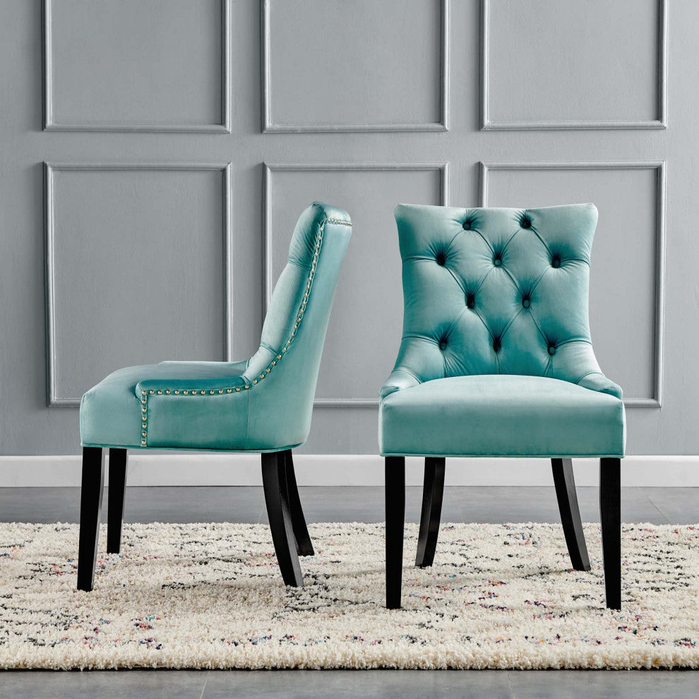 Tufted Side Dining Chair, Set of 2, Velvet, Wood, Blue, Cafe Bistro Restaurant