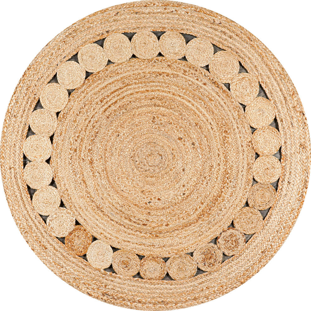 Dahlia Round Natural Jute Boho Circle Round Area Rug, Natural, 4' Round