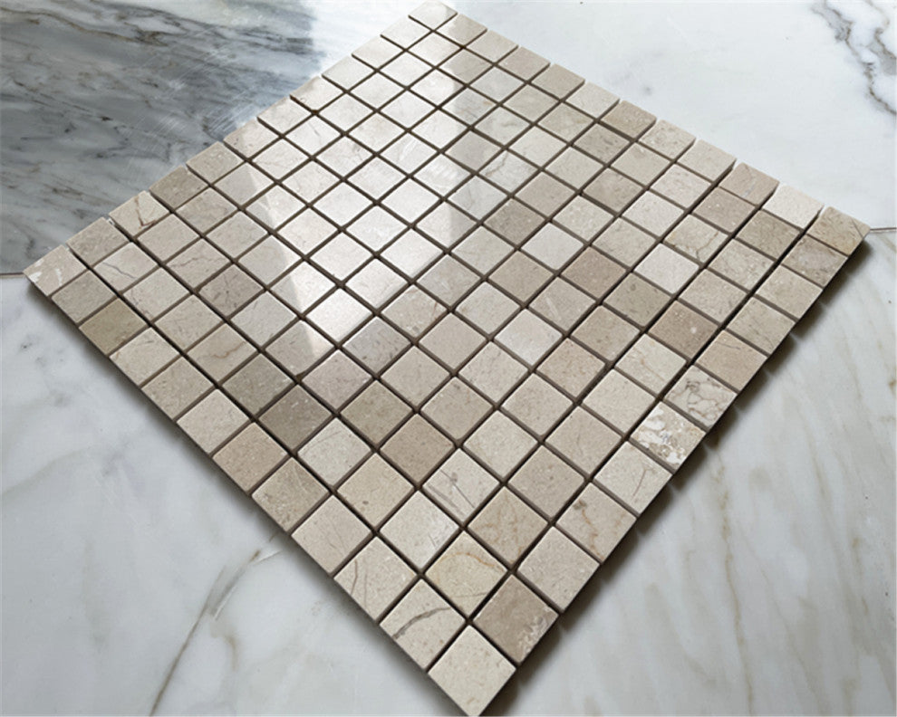 Crema Marfil Marble 1" Grid Square Mosaic Bathroom Beige Tile Polished, 1 sheet