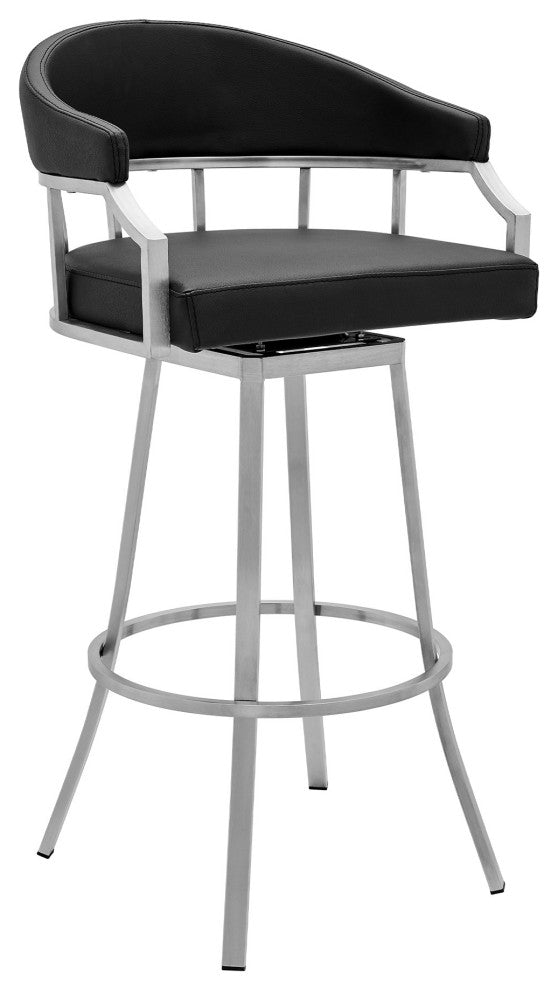 Benzara BM282639 Vegan Faux Leather Bar Stool Chair, Swivel, Metal Legs, Black