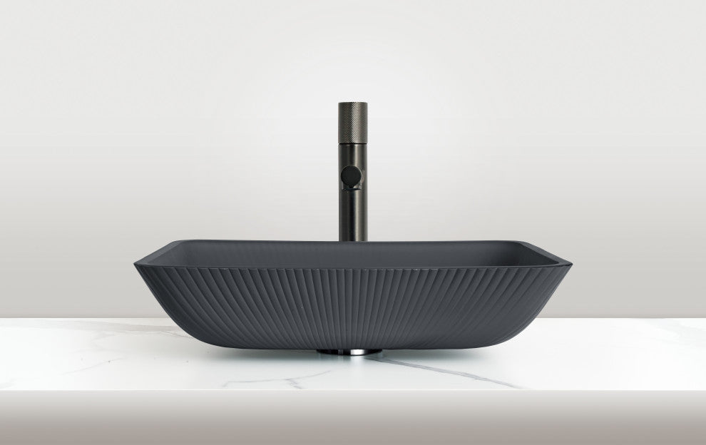CastelloUSA Arete Rectangular Tempered Glass Vessel Sink Basin, Matte Black