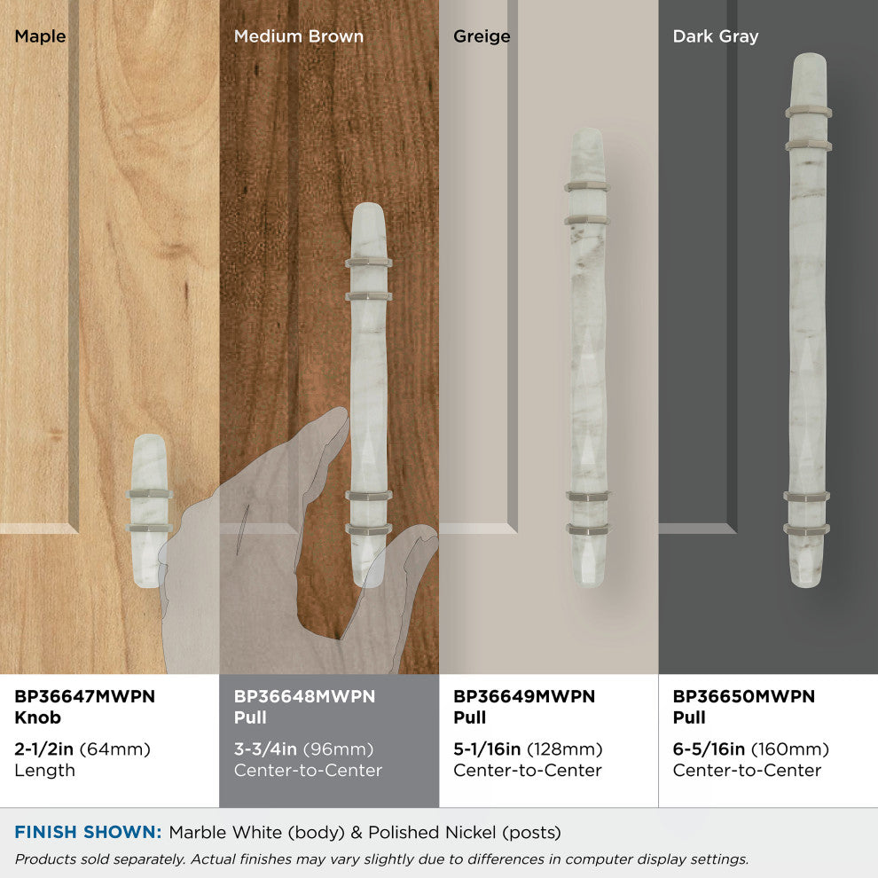 Carrione Cabinet Pull, Marble White/Polished Nickel, 3-3/4" Center-to-Center