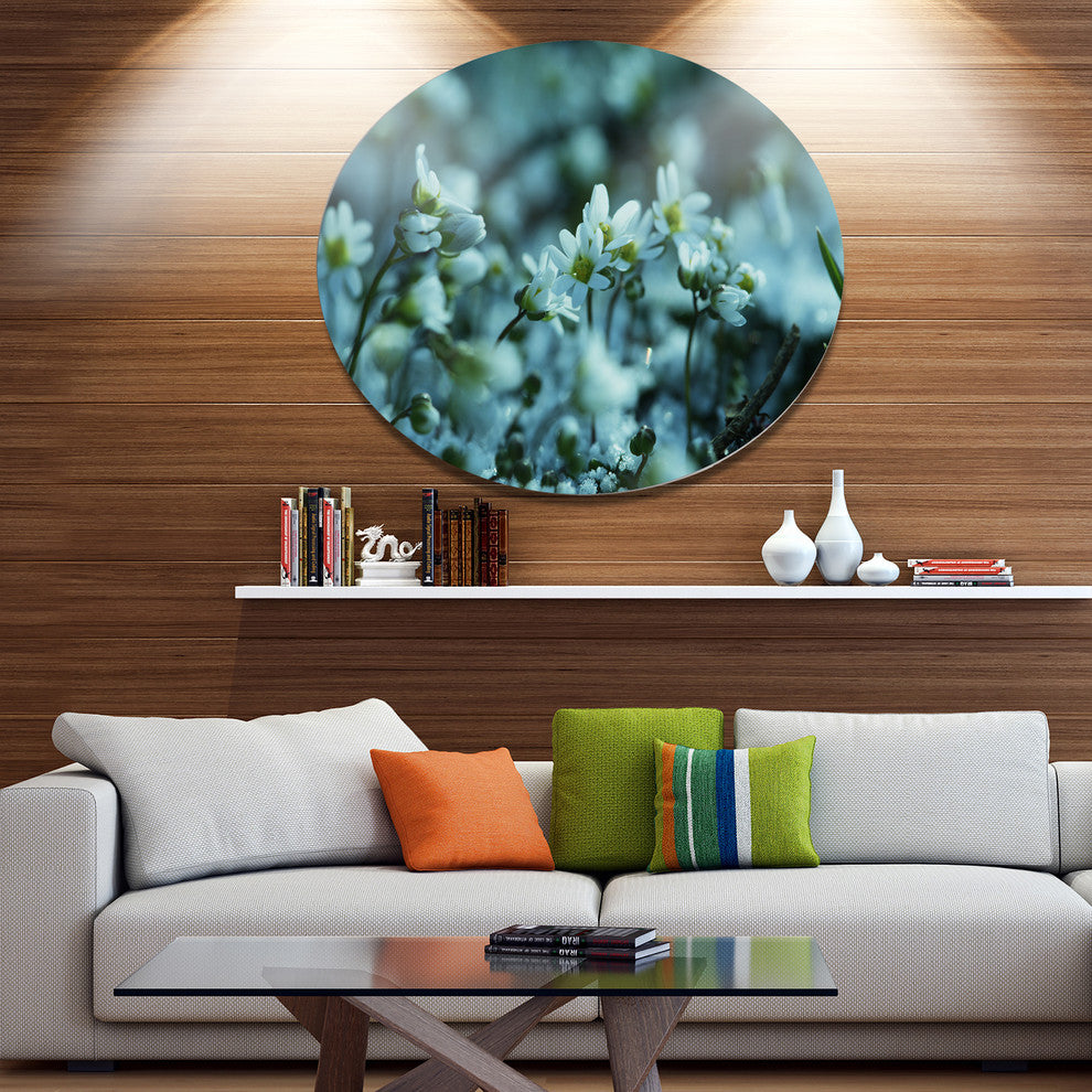 Small White Flowers On Blue Background, Flower Round Wall Art, 11"