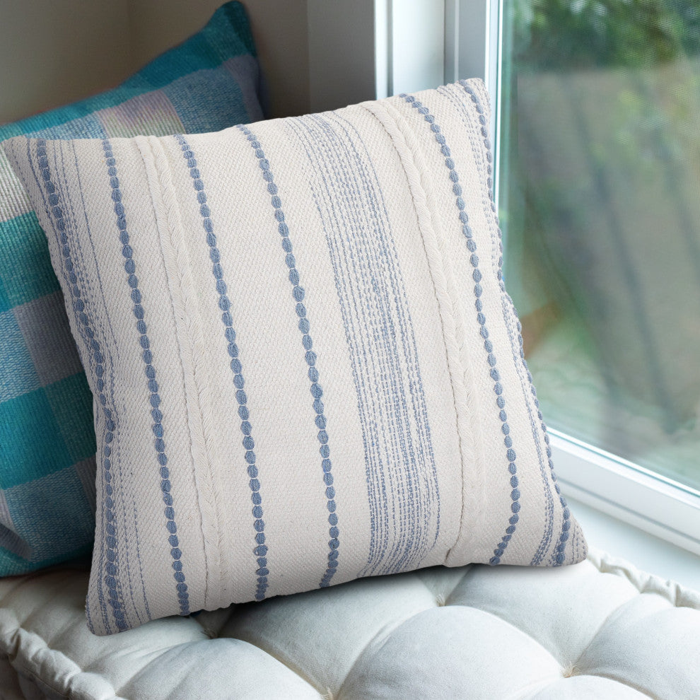 Blue Textured and Striped Throw Pillow