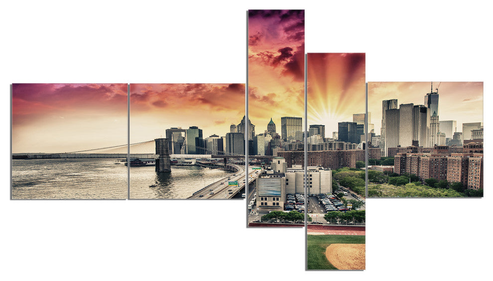 FDR Drive and Manhattan Skyline, Cityscape Photo Canvas Print, 60"x32", 5 panels