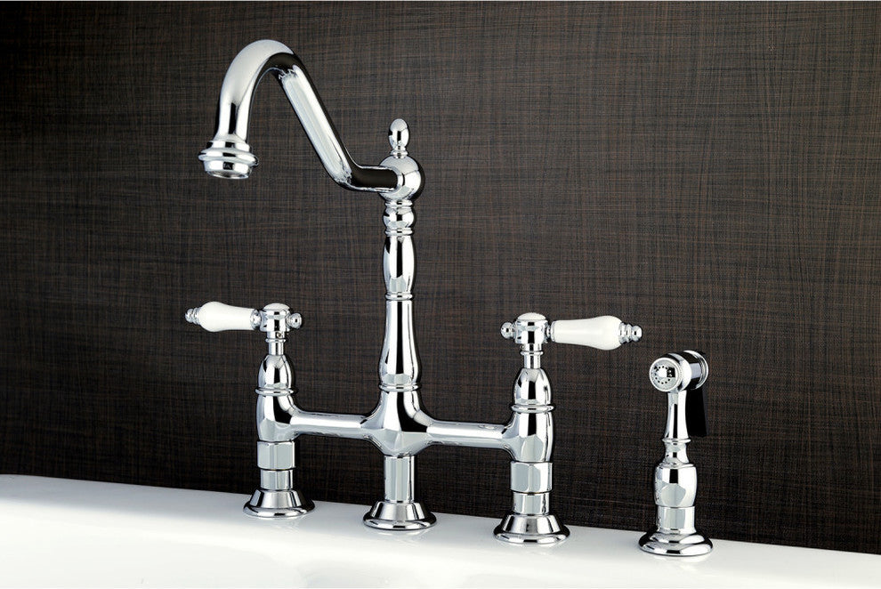 Kingston Brass Bridge Kitchen Faucet With Brass Sprayer, Polished Chrome