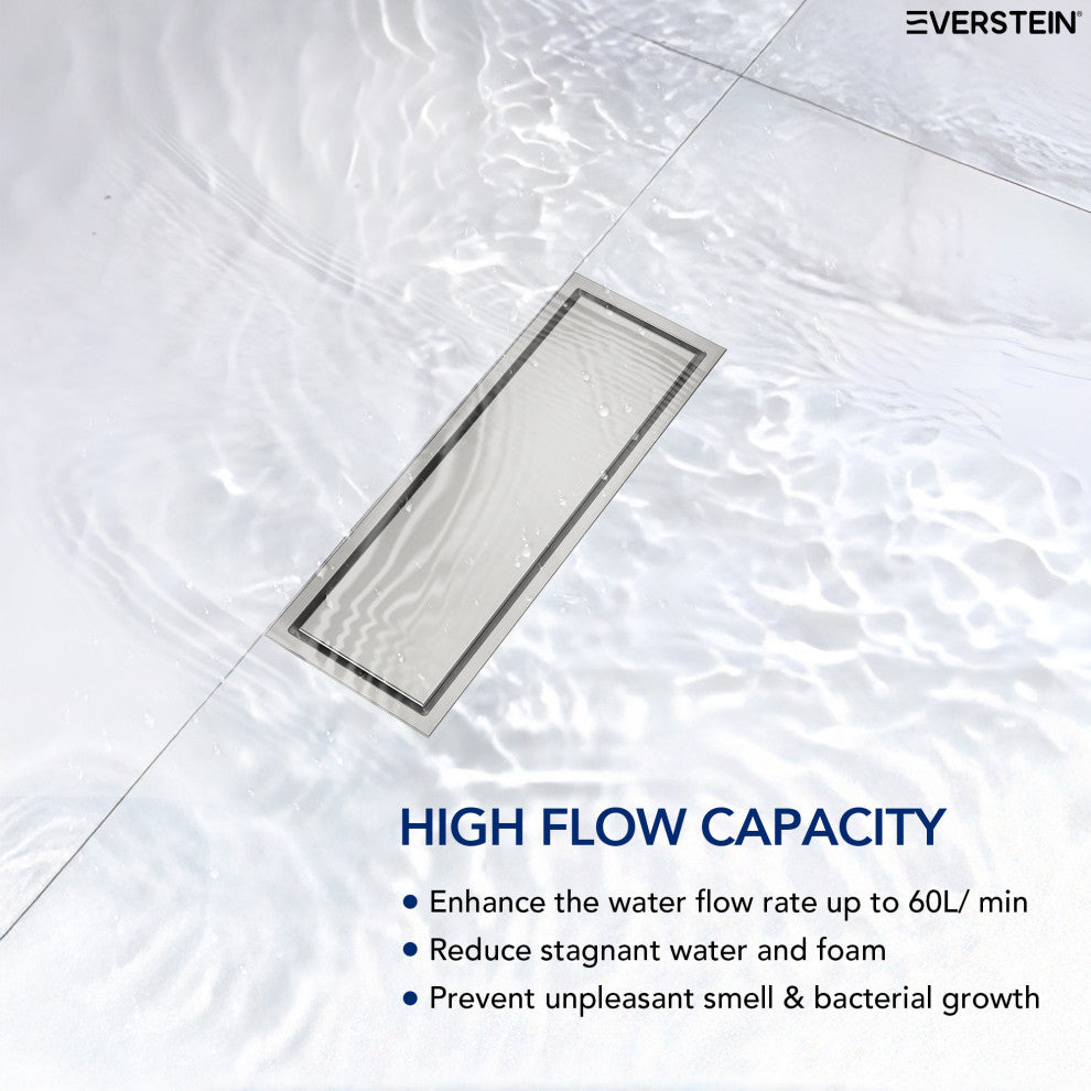 Linear Shower Drain with Hair Strainer and Reversible Tile Insert Cover, Brushed Nickel