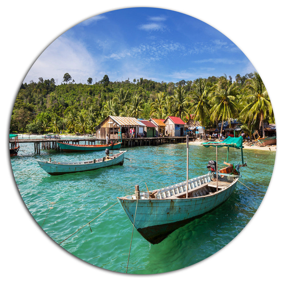 Fishing Boats In Kep Cambodia, Seashore Large Disc Metal Wall Art, 11"